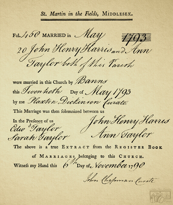 Image of the damaged, antique Marriage Certificate dated 1793 with lettering recreated and folds, creases and blemishes removed.