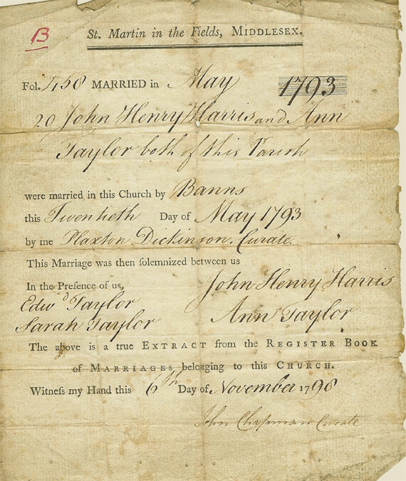 Image of a damaged, antique Marriage Certificate dated 1793.