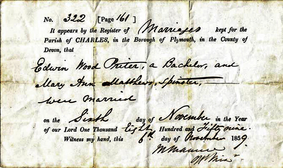 Image of a damaged, antique Marriage Certificate dated 1859.