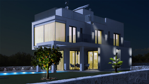 The image taken during the day of a modern box style house design villa, with a landscaped yard with well-maintained garden-beds and green lawn - now virtually simulated to be at night.