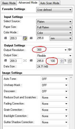 Screen shot of a scanner's software settings