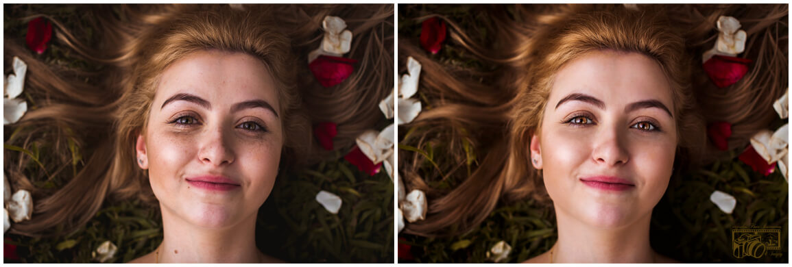 Example of an image of a female Model with imperfect skin, displaying before and after pictures of the Post Process photo retouching and editing. Photo retouched, enhanced and converted into a Beauty image.
