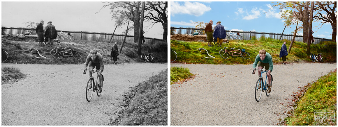 Example of images taken from a Cycling Event of a male cyclist riding a bike, displaying before and after pictures of the completed colorization of a black and white photo.