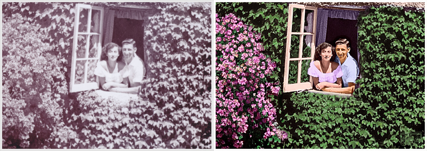 Example of a photo of a newly wed couple on their honeymoon, leaning out of a window, displaying before and after pictures of the completed colorization of the monochrome photo.