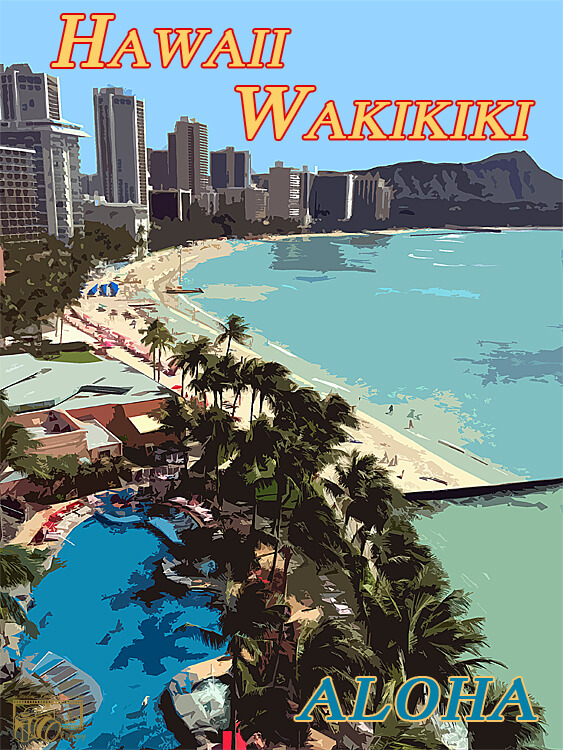 Image of Wall Art / Travel Poster: Waikiki Beach, Hawaii.